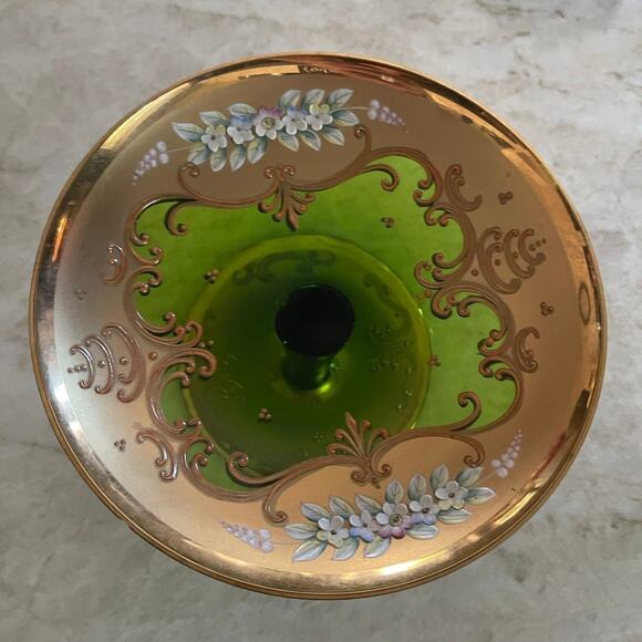 Vintage bohemian green glass candy dish platter handpainted - Picture 1 of 12